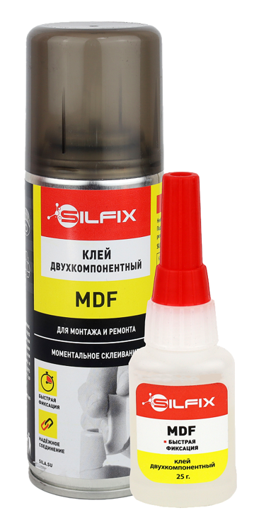SILFIX MDF Клей двухкомпонентный на основе цианоакрилата с активатором, флакончик, 20 гр + 100 мл.